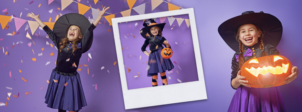 Niña disfrazada de bruja celebra Halloween